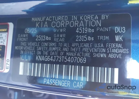 2026 Kia K5 Gt-Line z USA, uszkodzony, nr VIN KNAG64J73T5407069